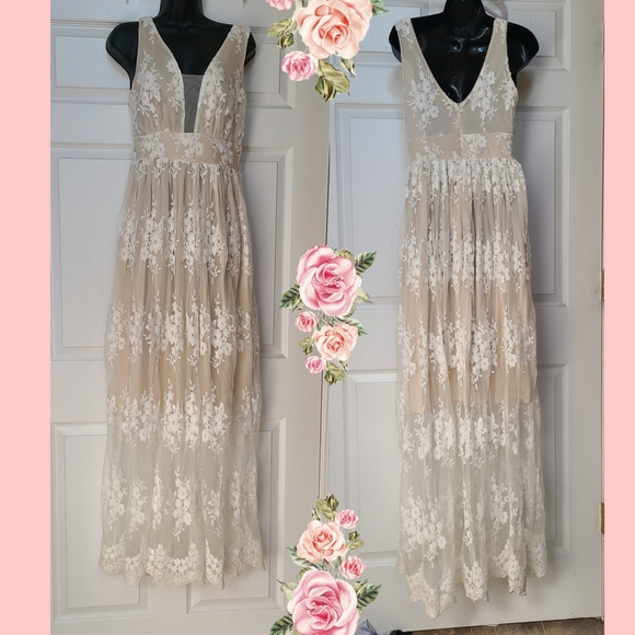 Dresses & Skirts - Extra Long Ivory Lace Overlay V-Neck Maxi Dress